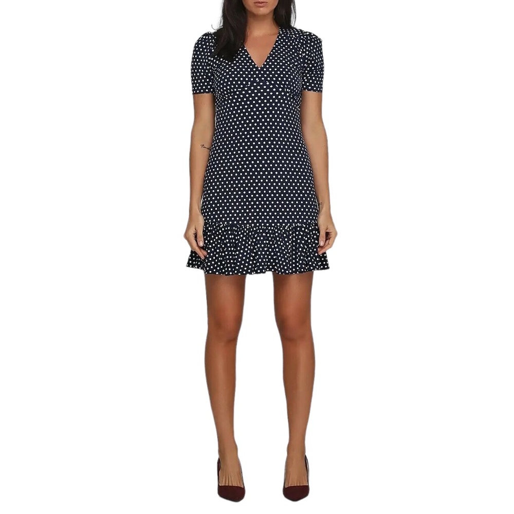 Michael Kors  Navy Blue Polka-Dot A-Line Ruffle Dress SZ S